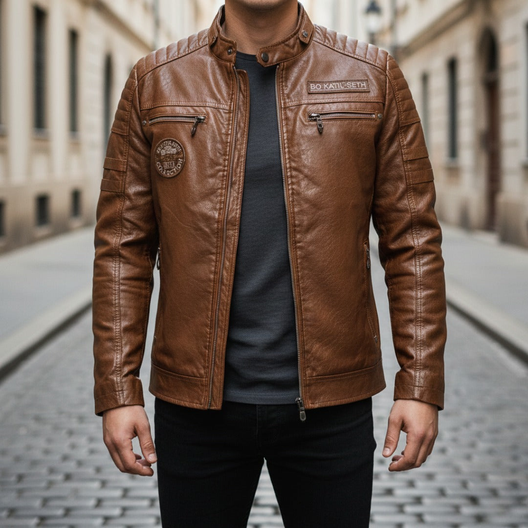 Men's black synthetic leather biker jacket with zipper closure, classic slim-cut style for everyday wear
