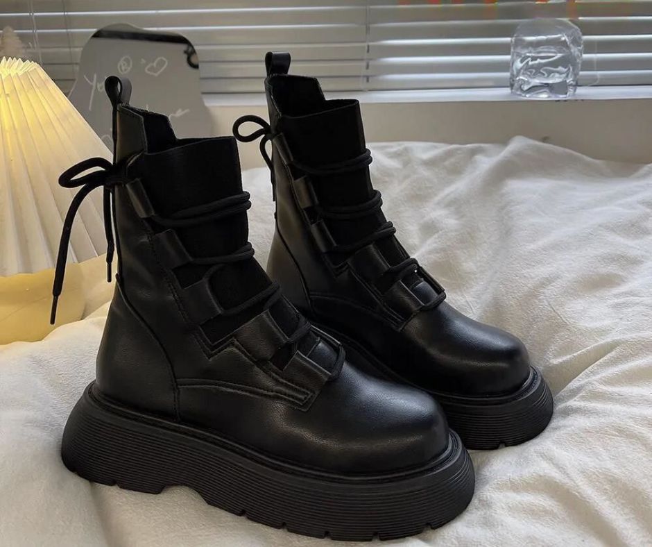 Women's winter boots leather-look upper textile panels cushioned footbed city walk work style