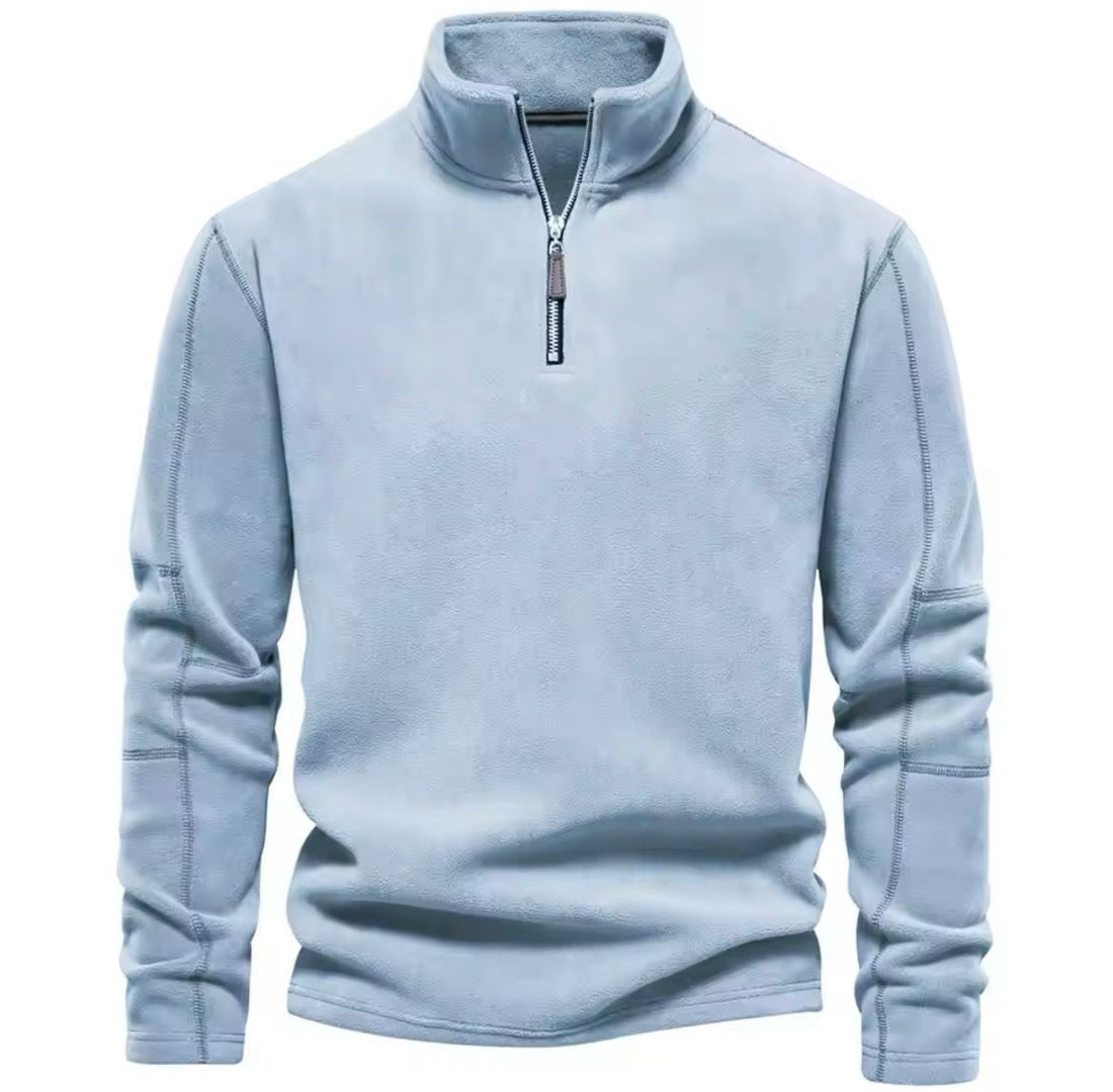 Men's gray half-zip fleece sweater soft lightweight layering essential with adjustable neckline