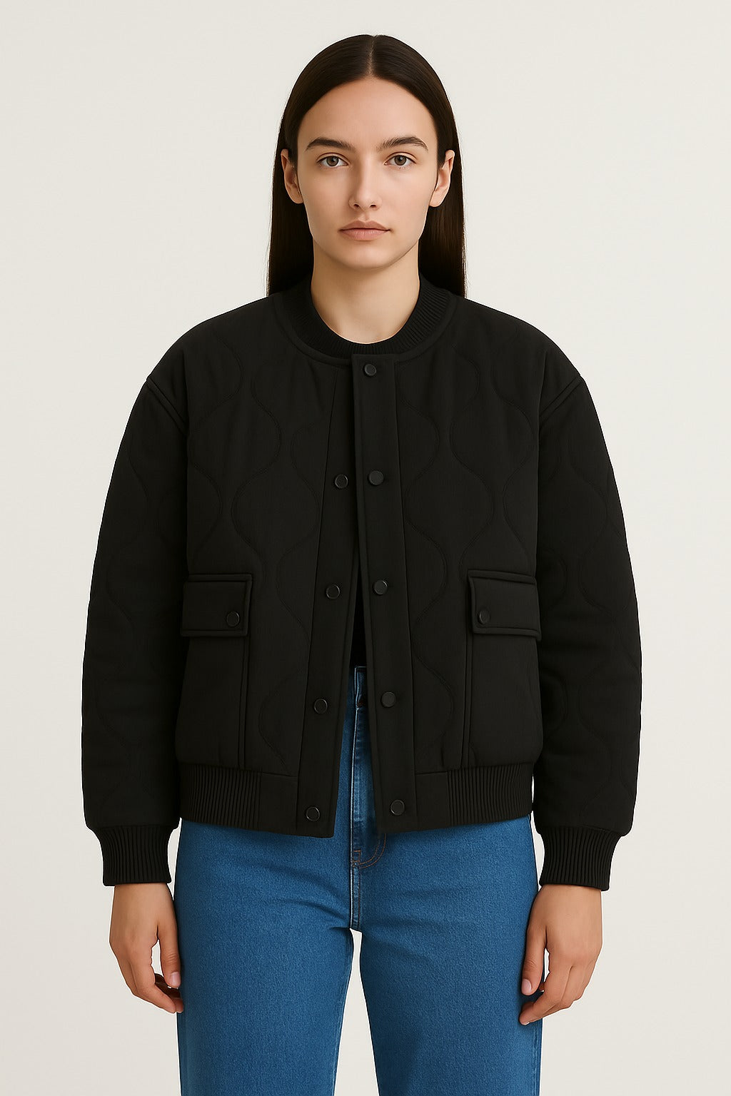 Women's oversized bomber jacket relaxed drop shoulder hip length modern zip transitional style