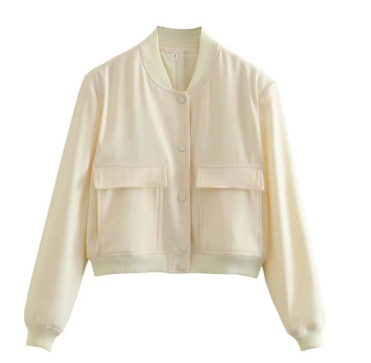 Women's cropped bomber jacket structured silhouette oversized utility pockets streetwear layering essential