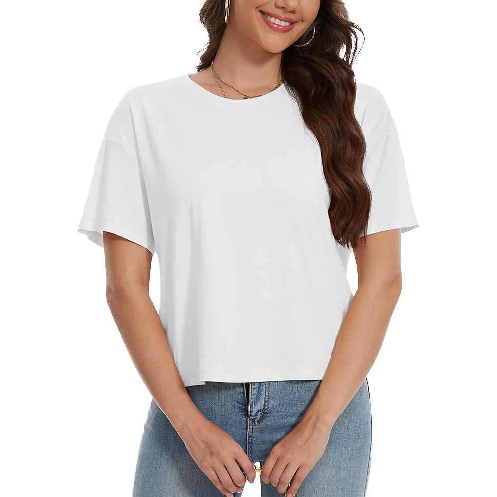 Women's white cotton crop top UPF 50+ moisture-wicking relaxed fit with lightweight breathable fabric