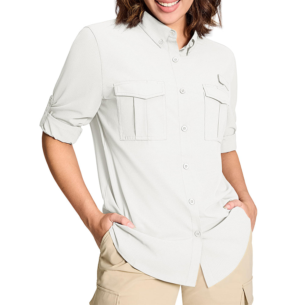Women's UPF 50 long sleeve hiking shirt quick-dry breathable sun protection with roll-up sleeves