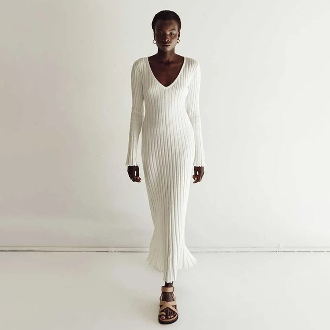 Women's knitted maxi dress fitted ribbed silhouette V-neck long sleeve chic day-to-night style