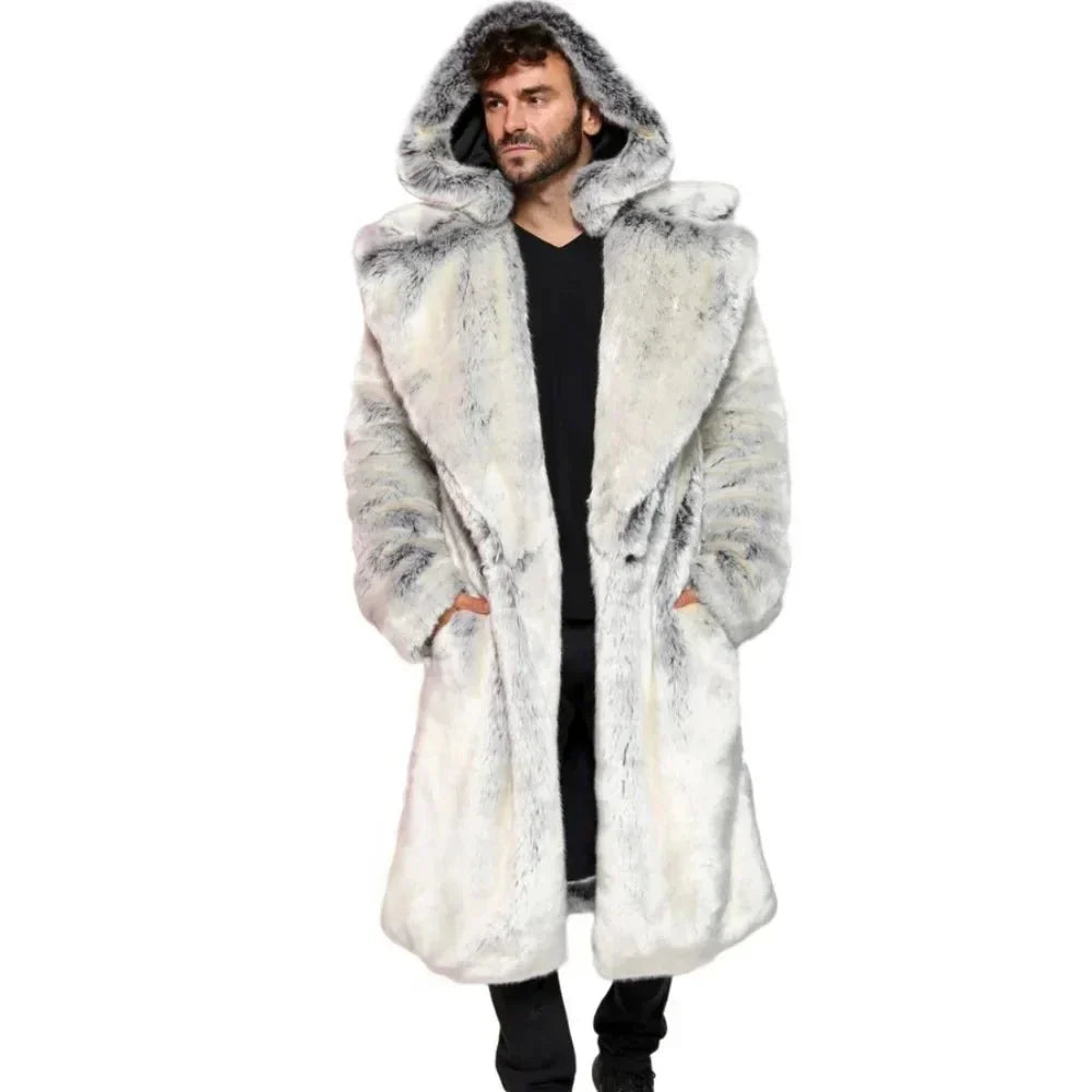 Men's chinchilla Tissavel French fur hooded long coat, luxurious gray tones, zip-off hood winter outerwear