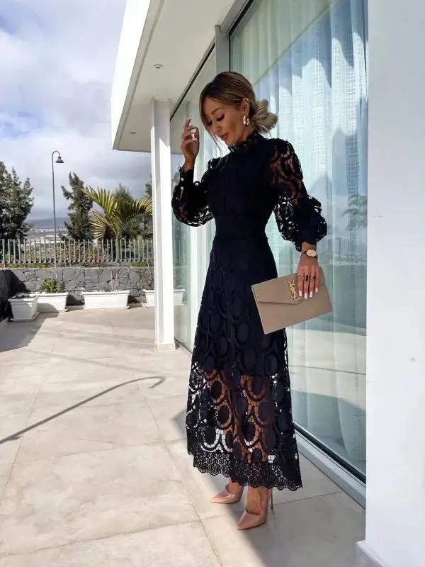 White lace women's dress with high neckline, puff sleeves, lightweight airy fabric for summer elegance
