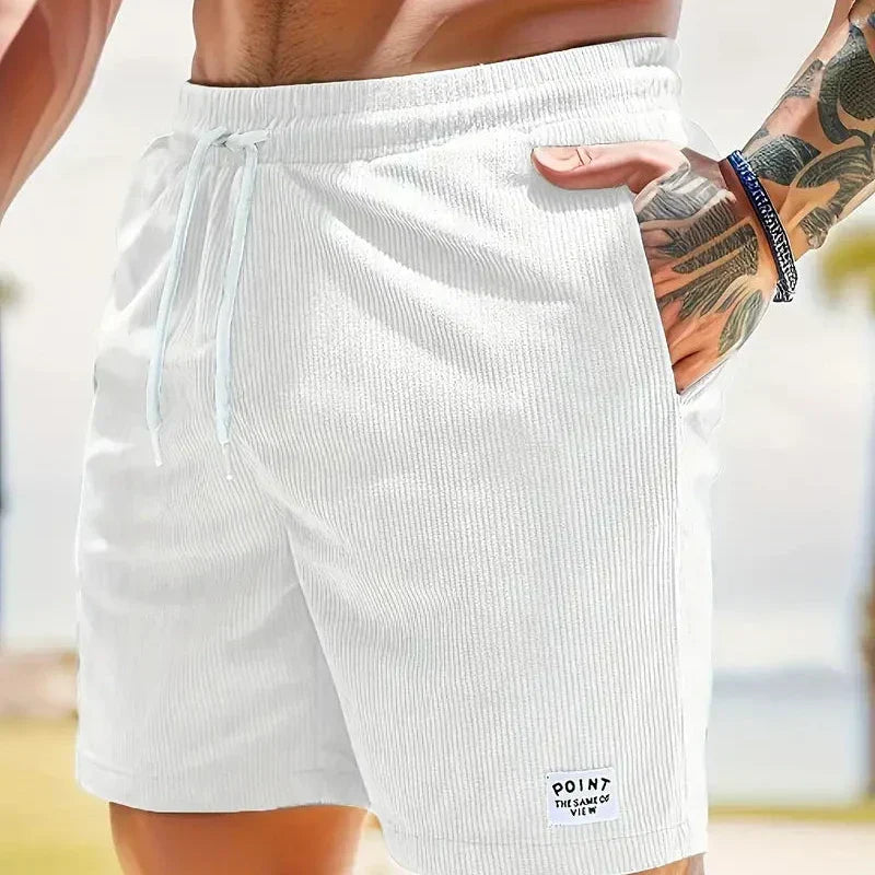 Men's beige corduroy drawstring shorts relaxed fit textured fabric casual modern everyday beachwear
