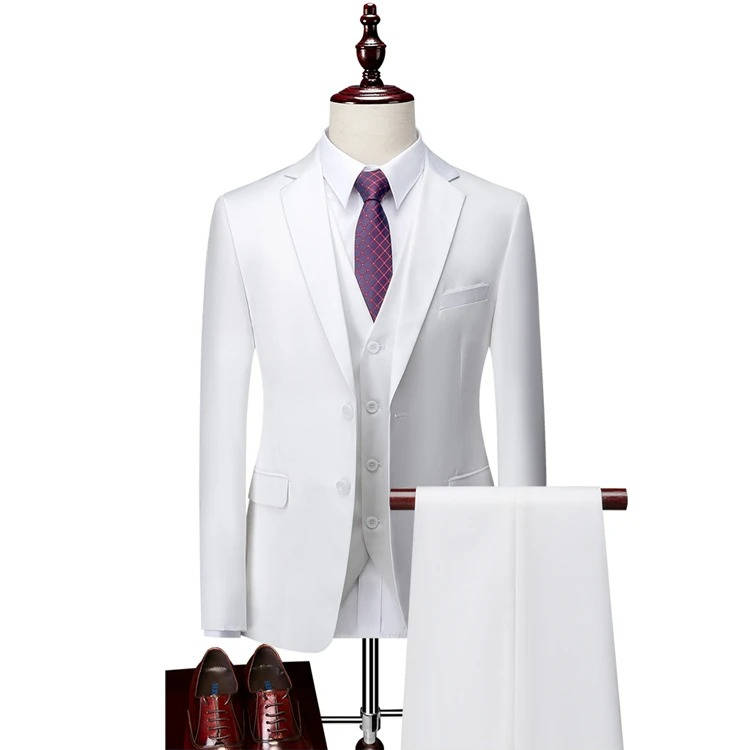 Men's black slim-cut three-piece tuxedo with vest, wrinkle-resistant formal suit for weddings