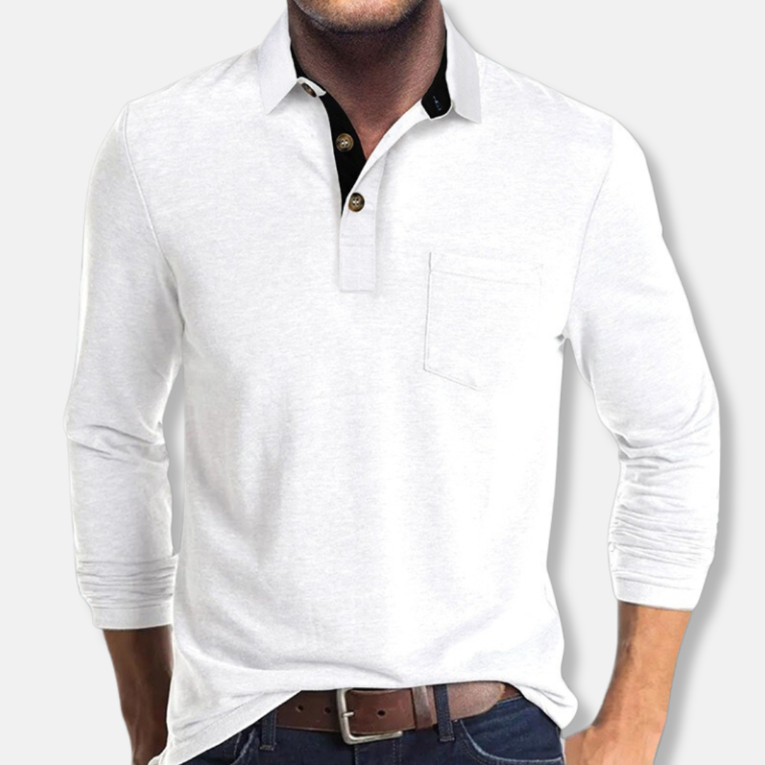 Men's cotton blend long sleeve polo shirt smart casual regular fit contrast collar