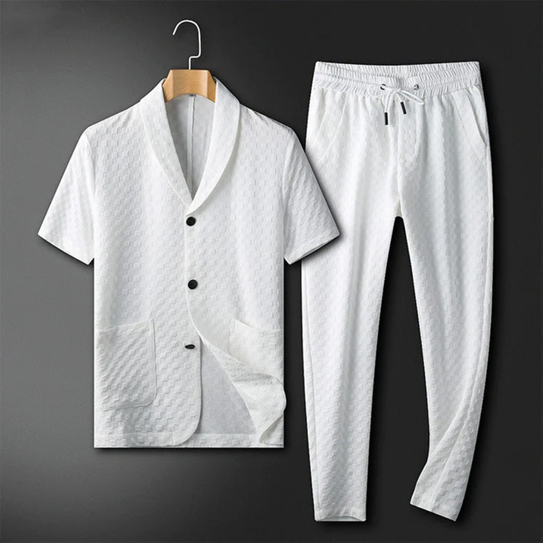 Men's linen summer set button-down stand-up collar shirt and loose jogger pants casual two-piece outfit