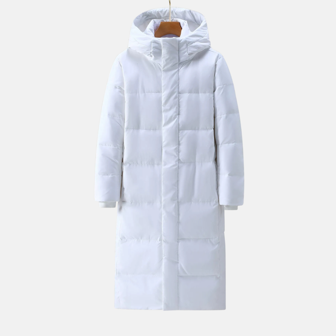 Men's black full-length hooded quilted nylon coat with distinctive diamond-stitch pattern for winter warmth