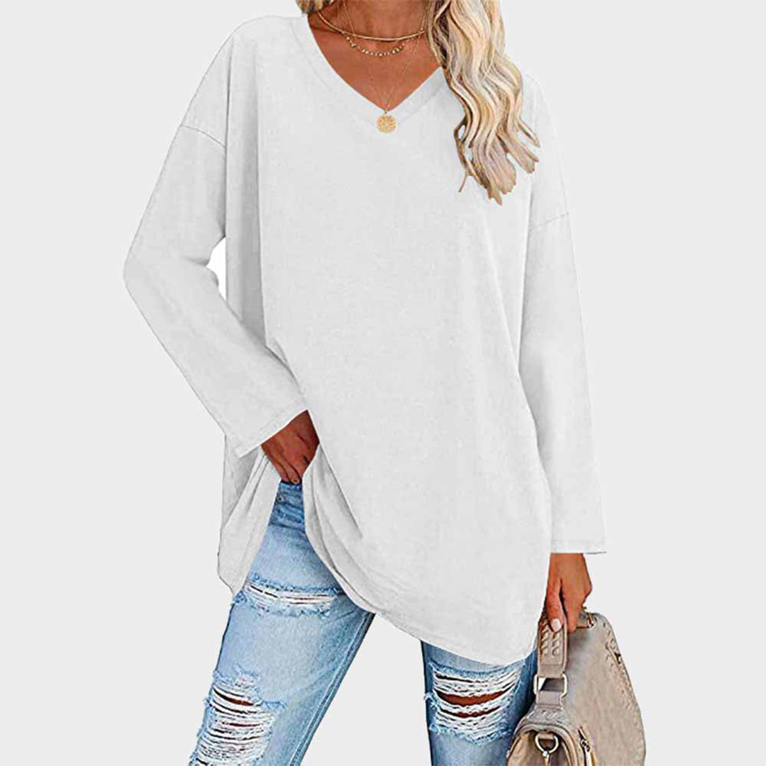 Women's casual loose fit long sleeve top in relaxed silhouette with V-neckline for everyday comfort