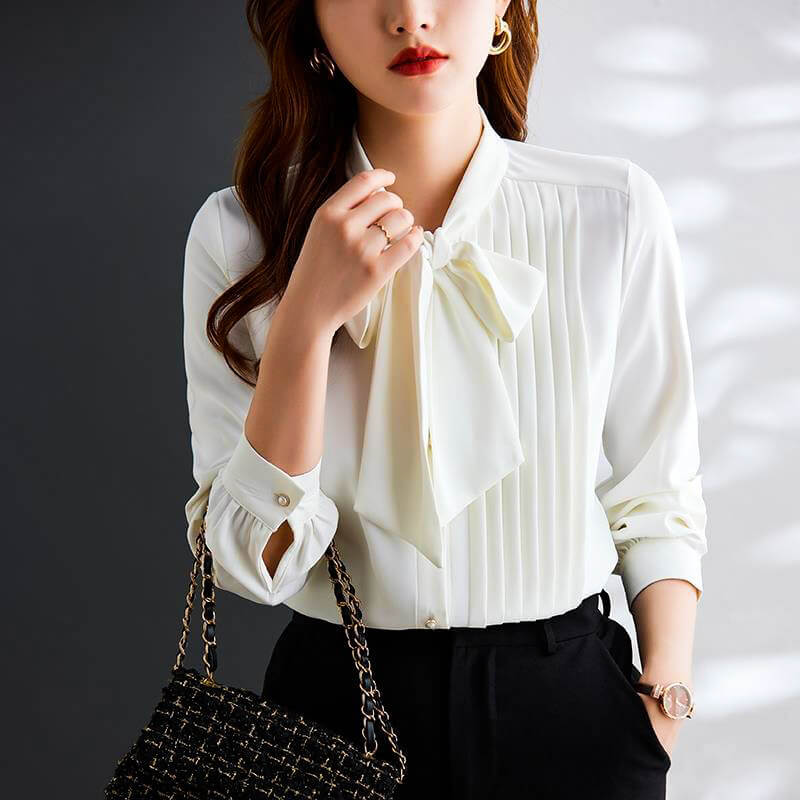 Elise women's chiffon blouse fluid silhouette lavallière bow collar lightweight feminine top