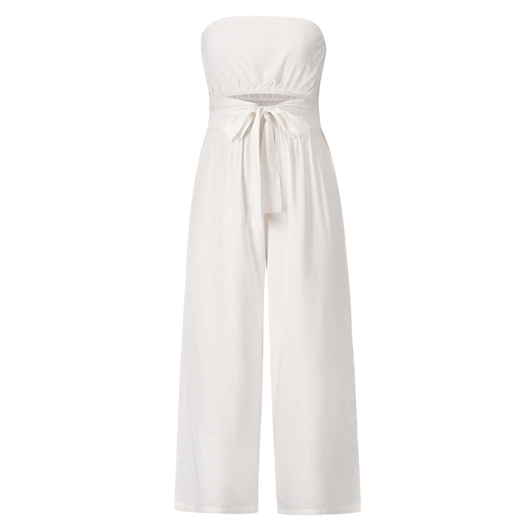 Strapless wide-leg women's jumpsuit with fitted waistband for elegant all-day comfort