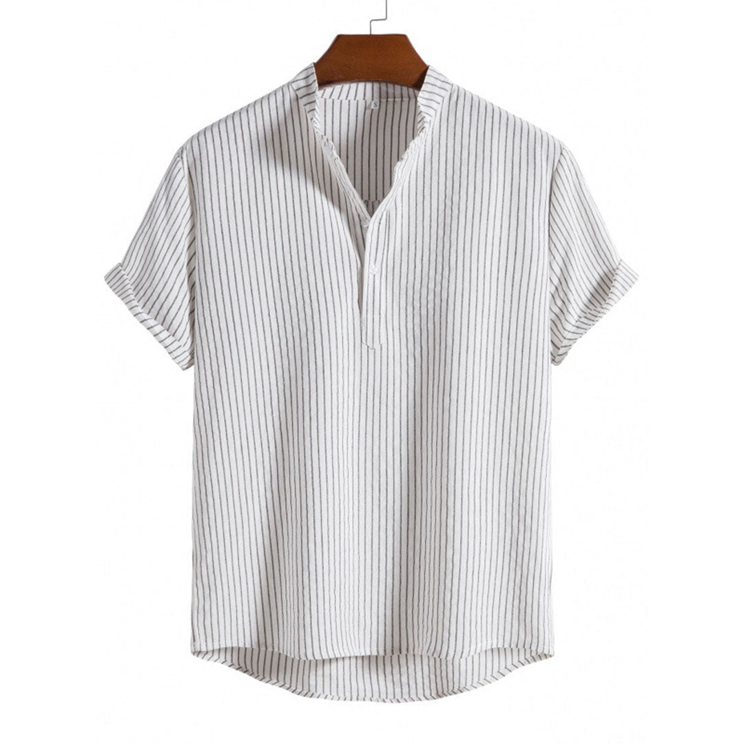 Men's blue striped polyester shirt with modern bold stripe design for versatile smart-casual wear