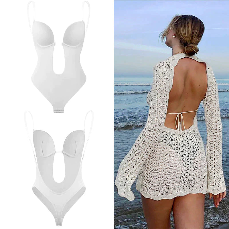 Beige seamless backless body shaper smoothing shapewear with low-back design for women