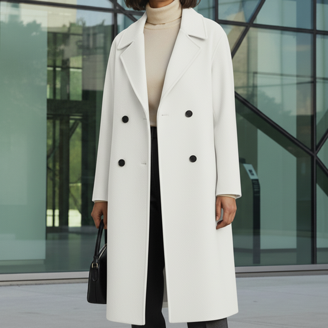 Women's elegant double-breasted knee-length trench coat with bold lapels, refined fall-winter outerwear