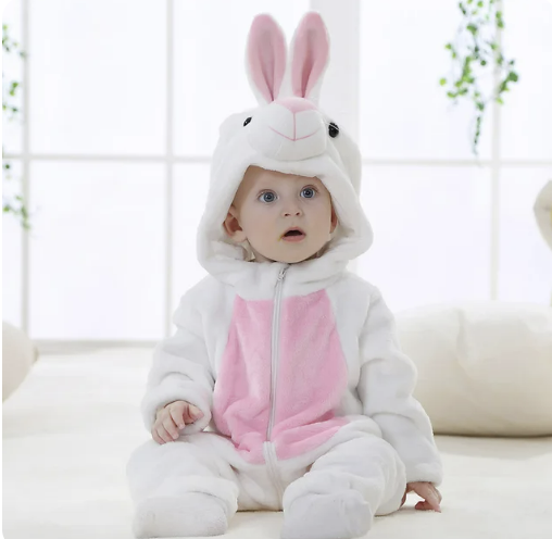 Soft breathable hooded baby onesie romper with adorable animal-shaped hood in playful toddler style
