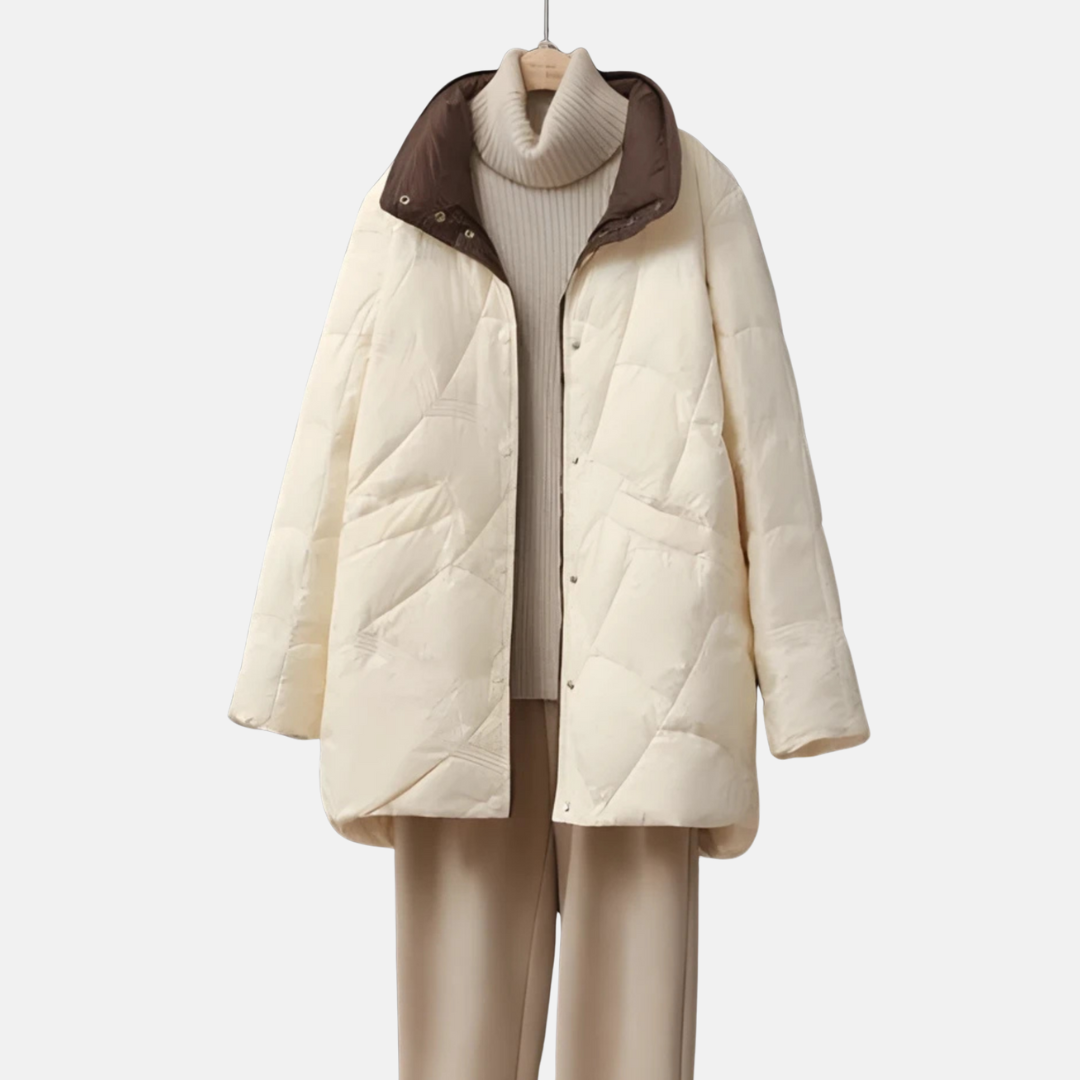 Women's mid-length quilted jacket with stand collar, relaxed silhouette, lightweight synthetic fabric