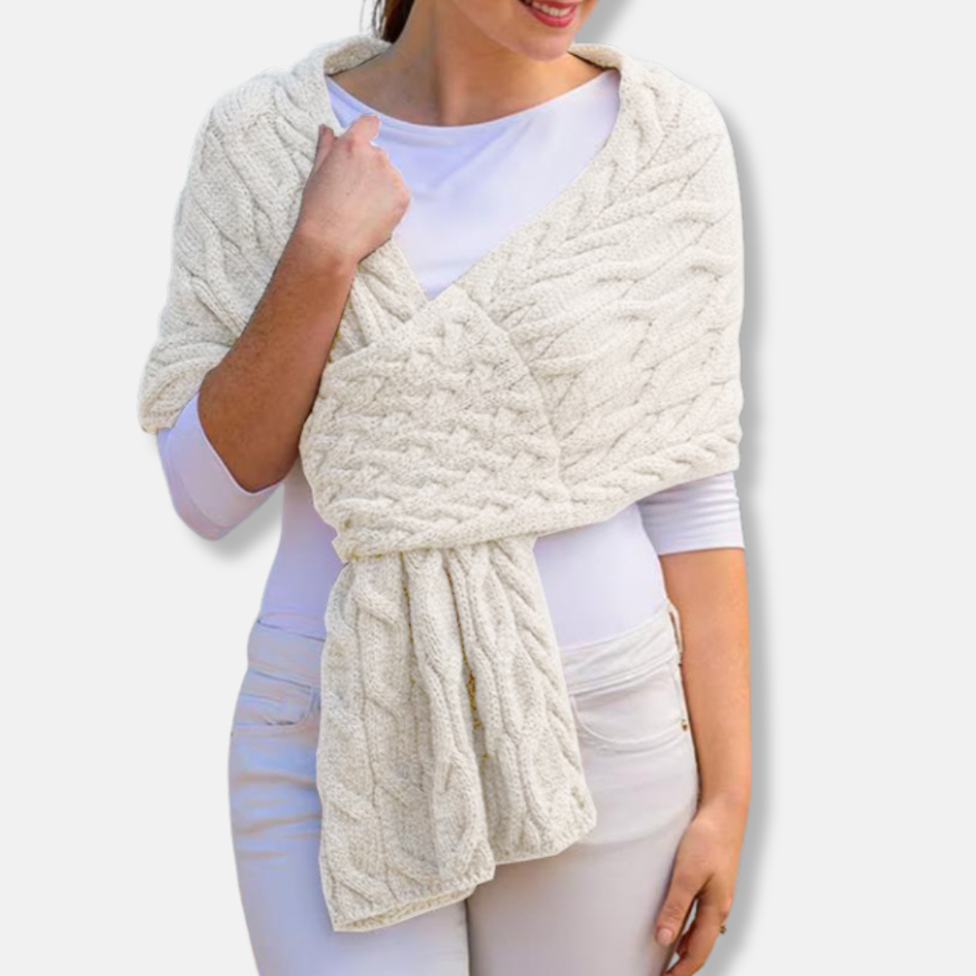 Women's wool shawl scarf in cable knit pattern, long draped coverage for luxurious winter warmth