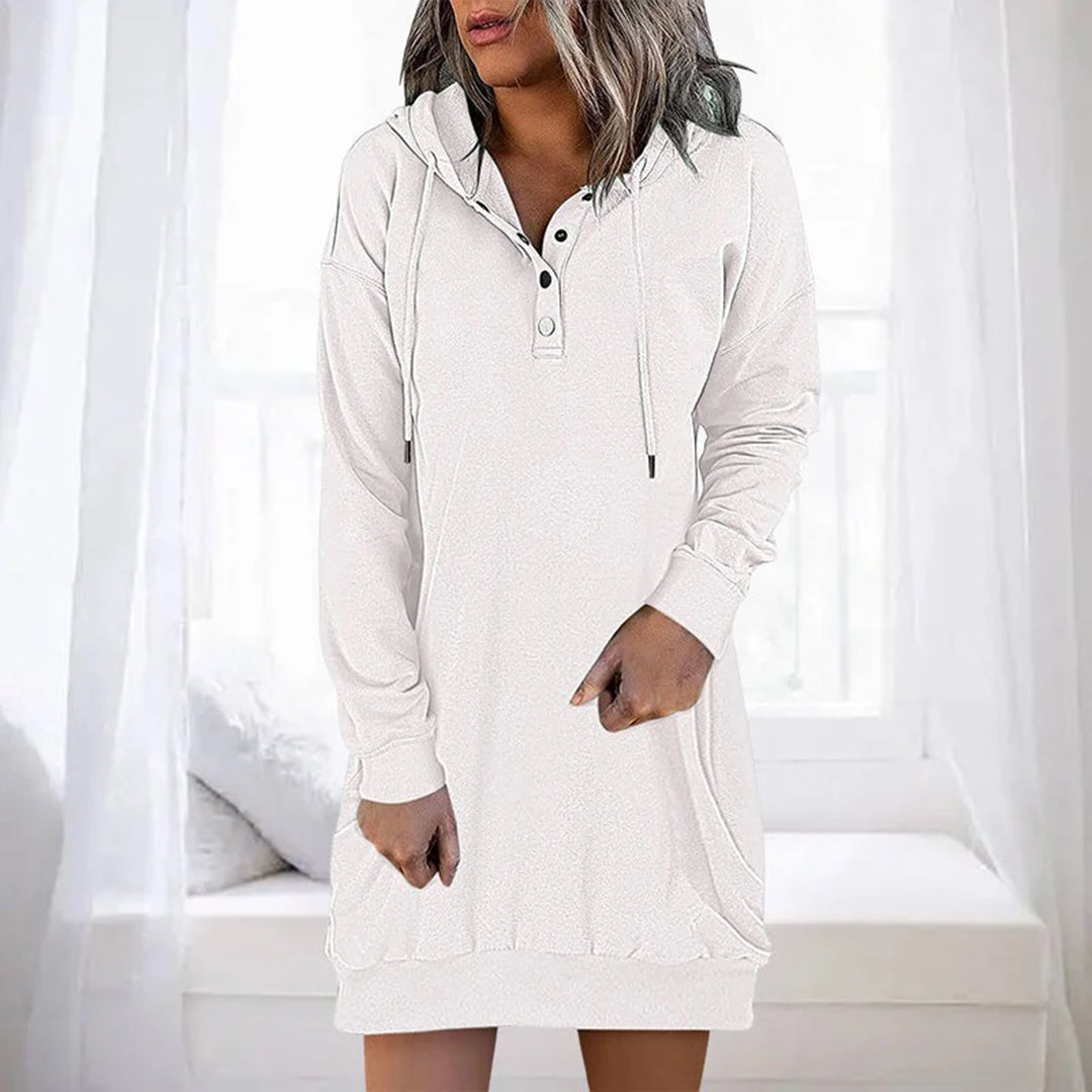 Women's hoodie dress with buttoned collar, long sleeve Nordic flair style in soft cotton blend