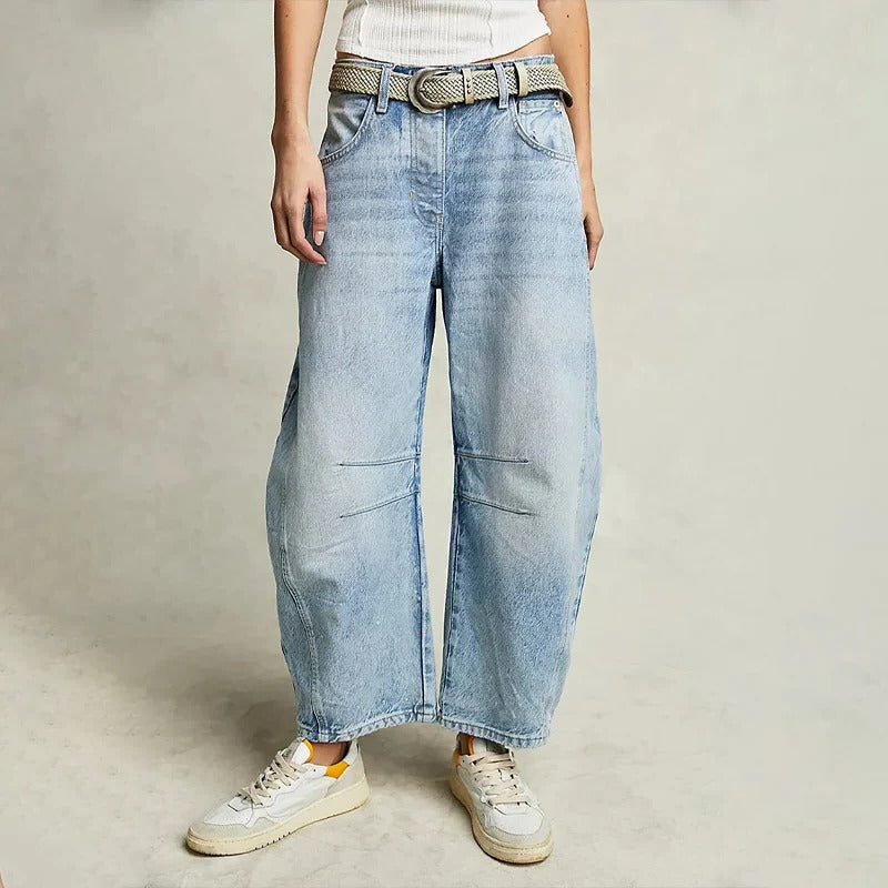 Women's wide leg jeans structured fit open hem design flattering silhouette plain finish