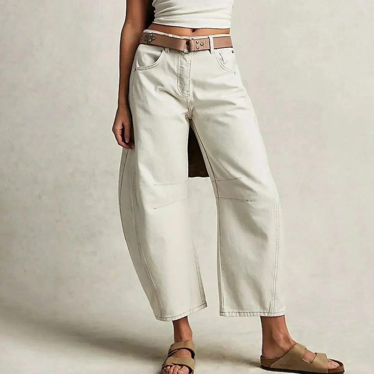 Women's wide leg jeans structured fit open hem design flattering silhouette plain finish