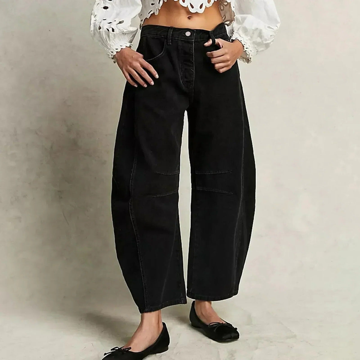 Women's blue wide leg jeans structured fit open hem design flattering silhouette