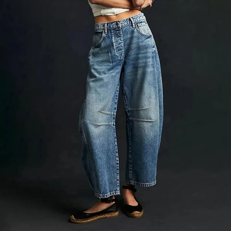 Women's blue wide leg jeans structured fit open hem design flattering silhouette