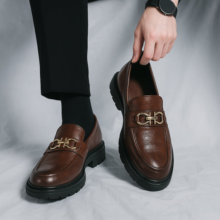 Men's brown leather loafers with metal buckle accent, cushioned insole, professional slip-on dress shoes
