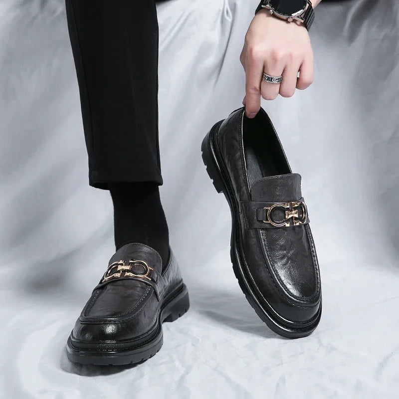 Men's brown genuine leather loafers with metal buckle, cushioned insole, professional slip-on style