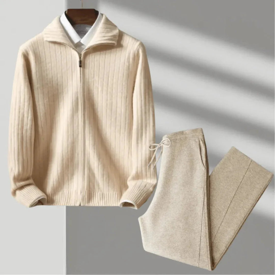 Men's merino wool ribbed zip-front sweater and pants coordinated set in neutral travel lounge