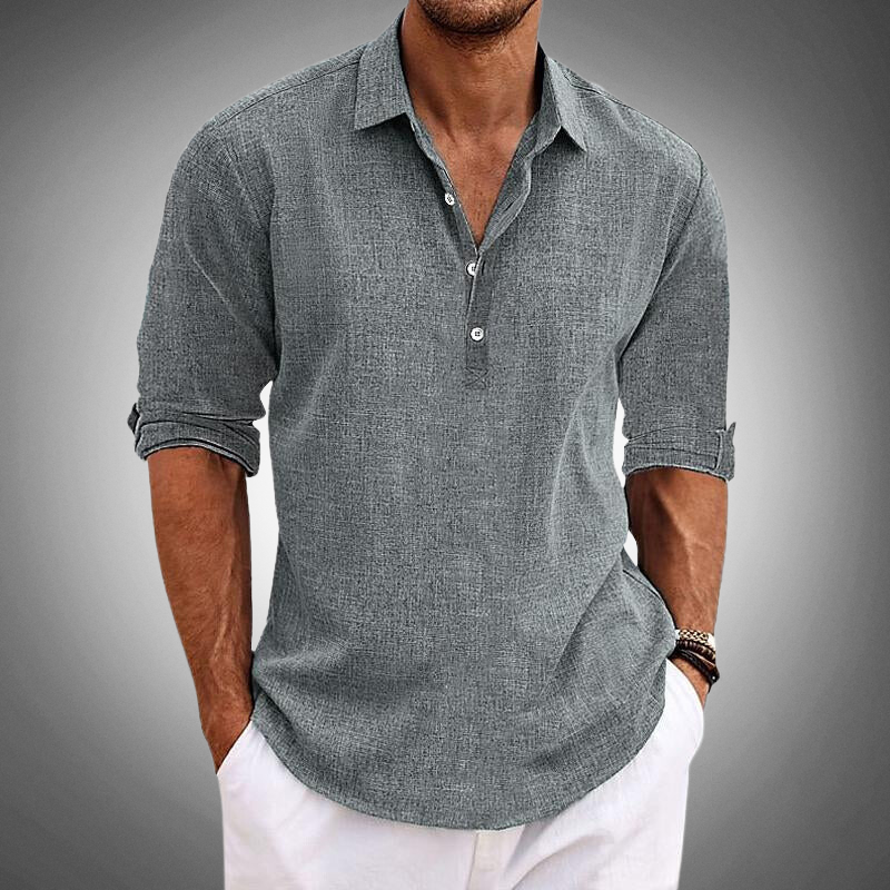 Men's white linen relaxed fit long sleeve shirt with button closure, lightweight breathable warm weather essential