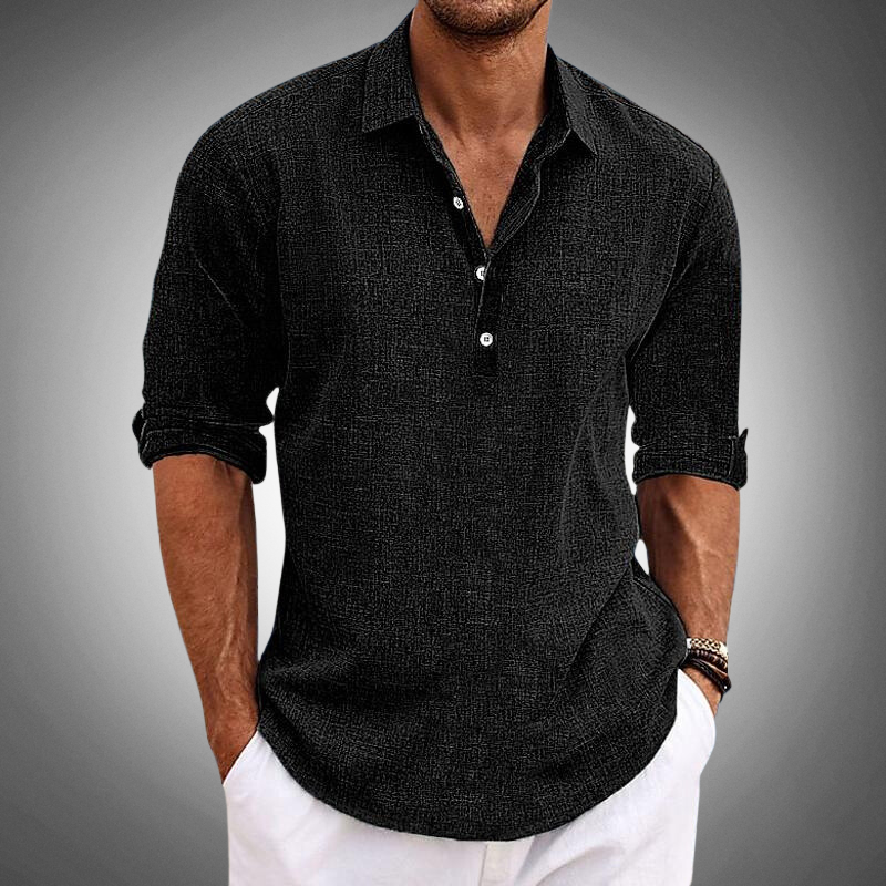 Men's white linen shirt relaxed fit long sleeve button closure lightweight breathable warm weather essential