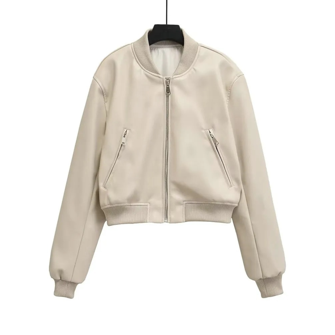 Women's vintage bomber jacket distressed faux suede waist-length relaxed fit earthy brown tones