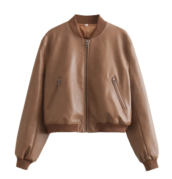 Women's vintage bomber jacket distressed faux suede waist-length relaxed fit earthy brown tones