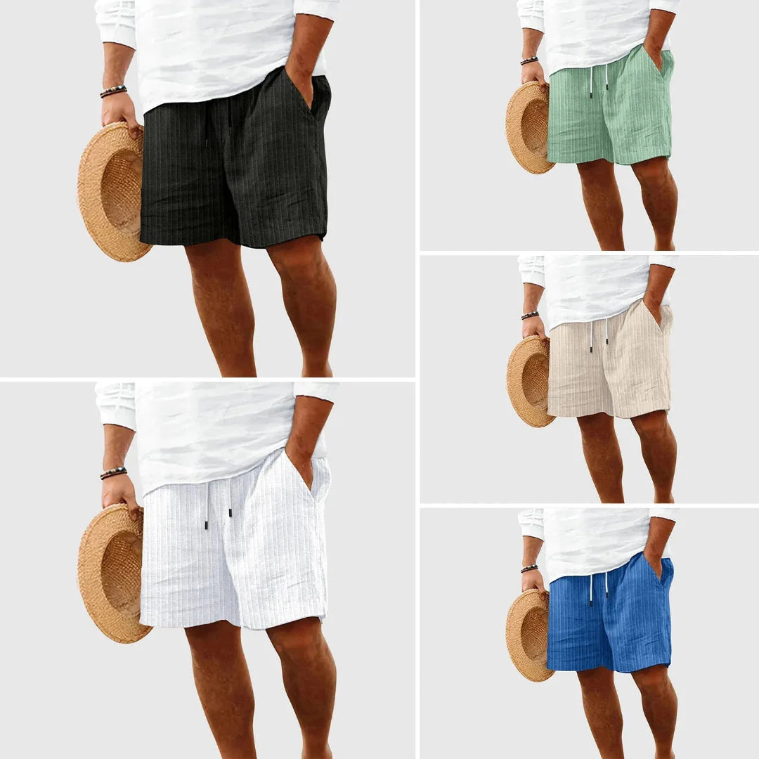 Women's striped relaxed-fit shorts in neutral tones with drawstring waist for beach vacation