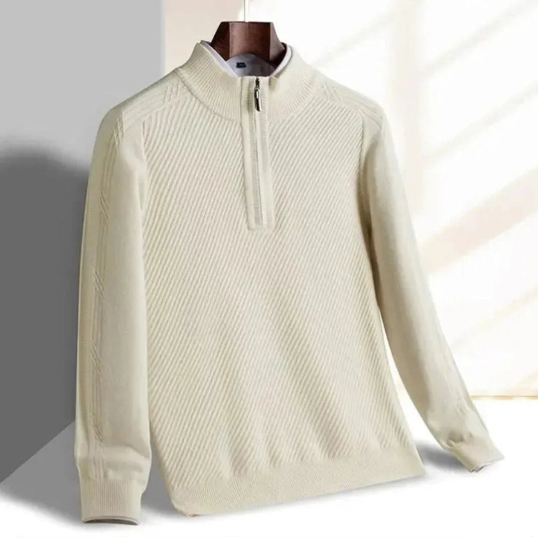 Men's lightweight half-zip knit sweater with stand-up collar, ribbed texture, easy-layer pullover