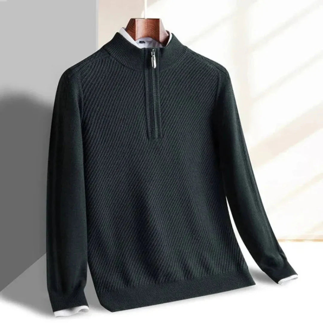Men's lightweight half-zip knit sweater with stand-up collar, ribbed texture, easy-layer pullover