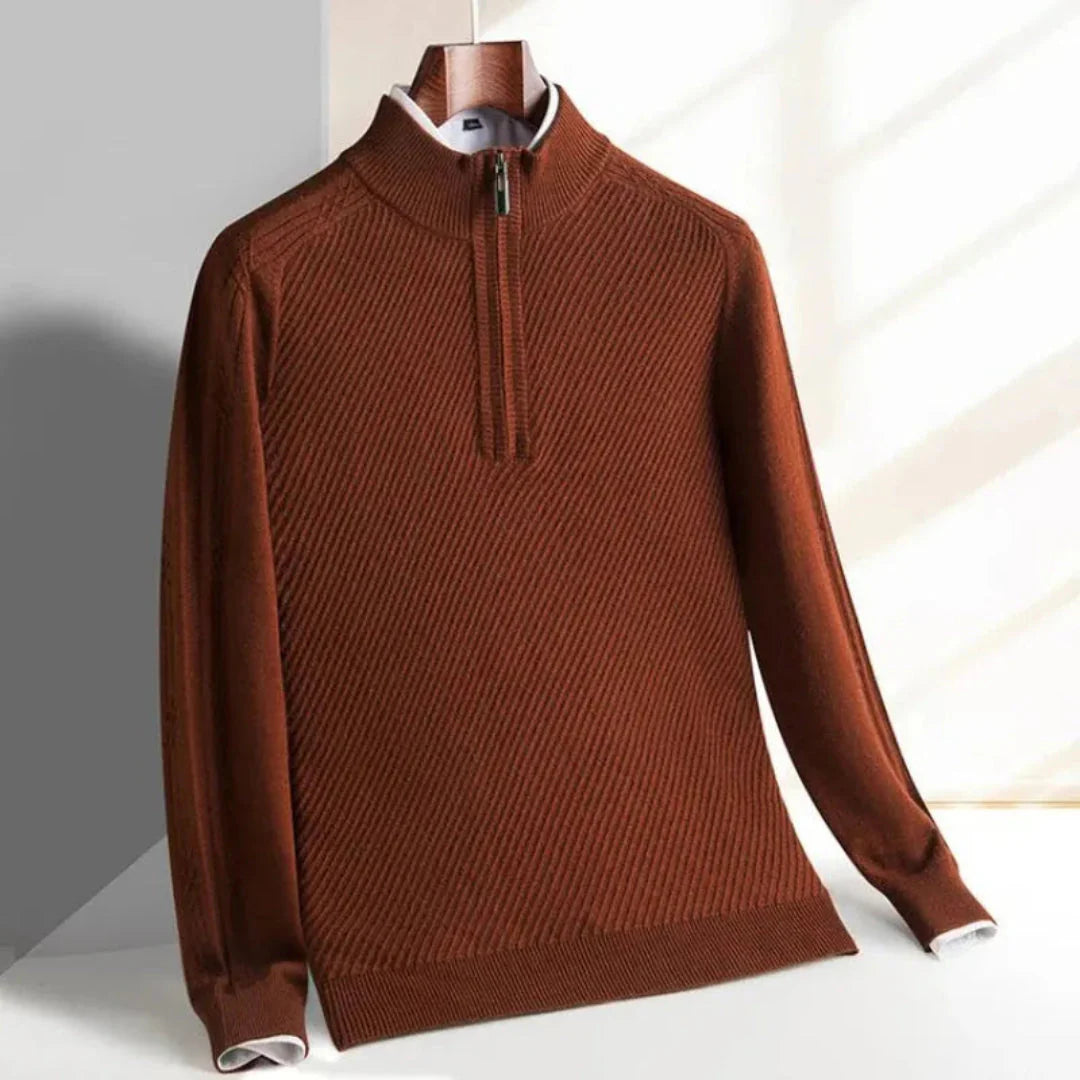 Men's lightweight half-zip knit sweater with stand-up collar and ribbed texture for easy layering