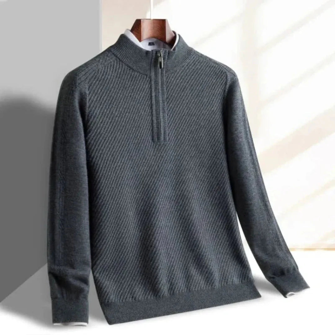 Men's lightweight half-zip knit sweater with ribbed texture and stand-up collar for easy layering