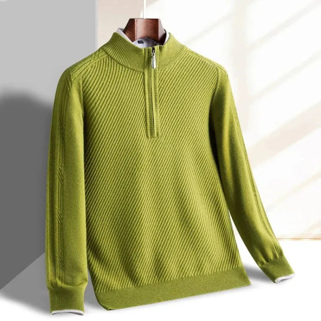 Men's lightweight half-zip knit sweater with stand-up collar and ribbed texture for easy layering