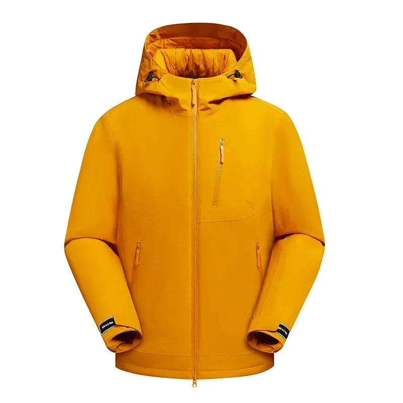 Men's navy windproof ski jacket with hood, thickened cotton loose fit winter coat for outdoor warmth