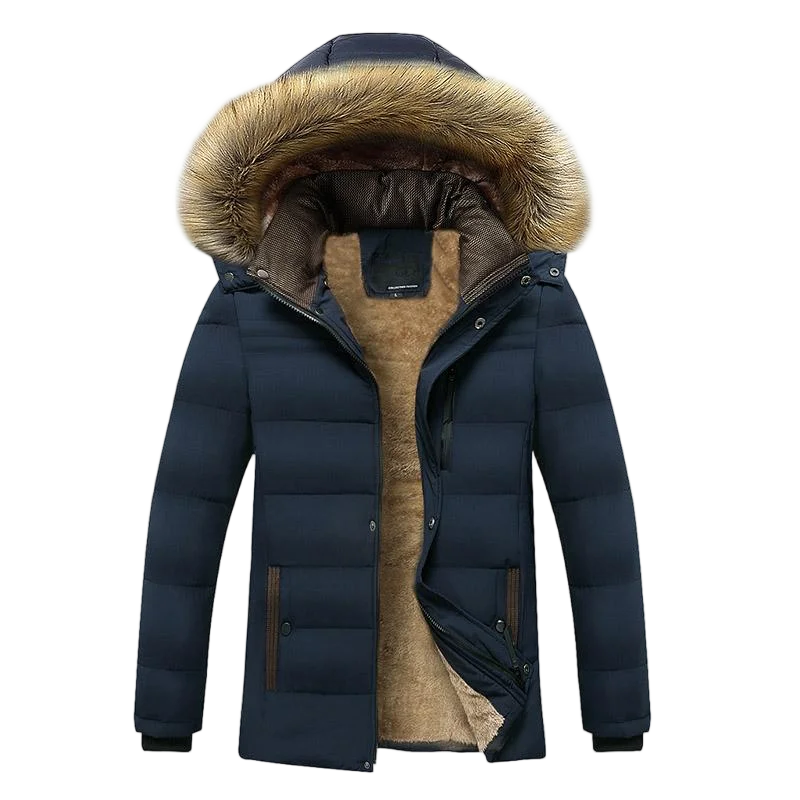 Men's windproof fleece jacket with detachable hood, rugged outdoor style, multiple pockets for cold weather