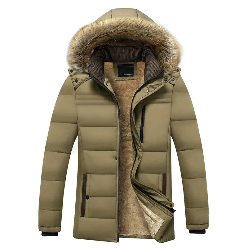 Men's windproof fleece jacket with detachable hood, rugged outdoor style in neutral tones