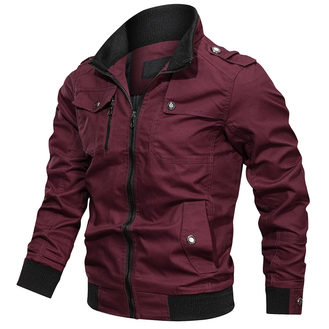 Men's multi-pocket bomber jacket neutral tone ribbed cuffs hem collar versatile everyday outerwear