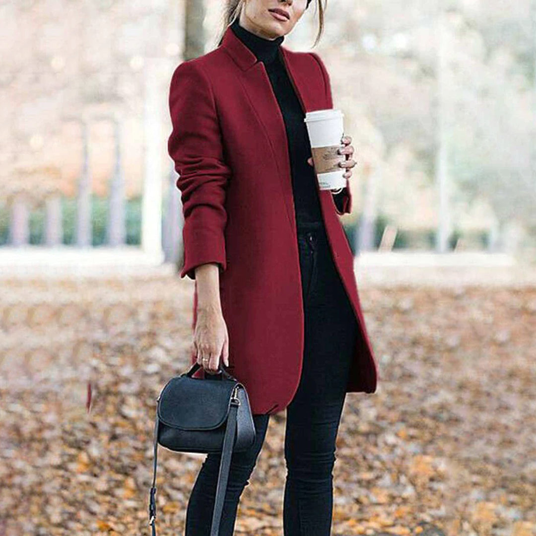 Women's tailored winter coat classic lapel structured fit professional elegant silhouette