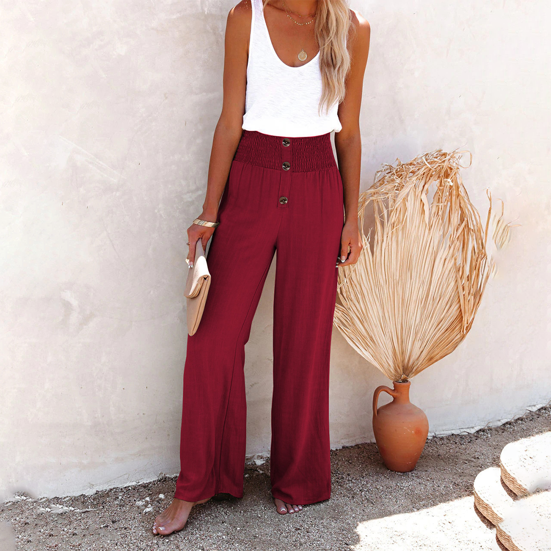 Women's boho wide-leg travel trousers with high-smocked waistband in relaxed chic silhouette