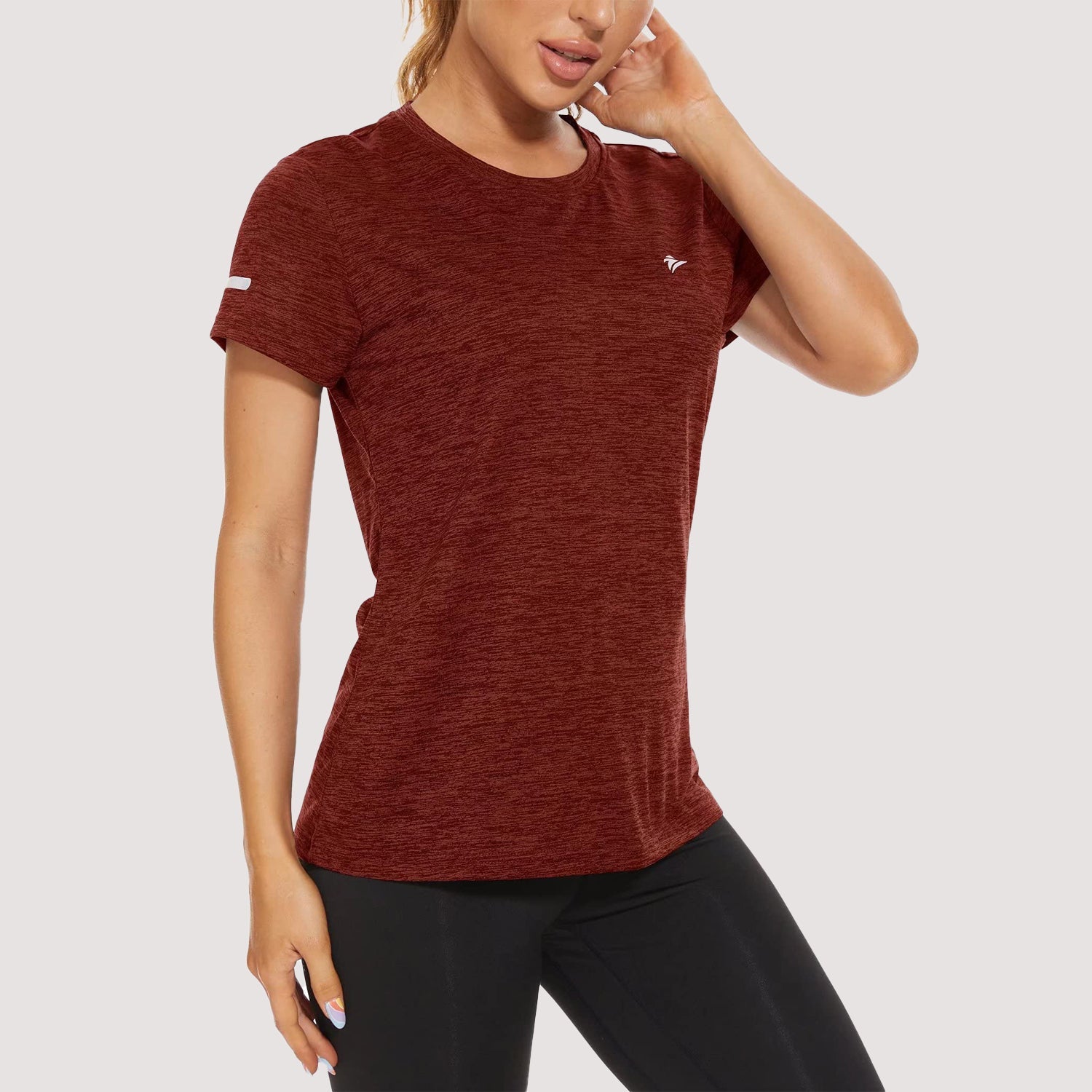 Women's quick-dry moisture-wicking running tee with reflective strips, lightweight polyester activewear