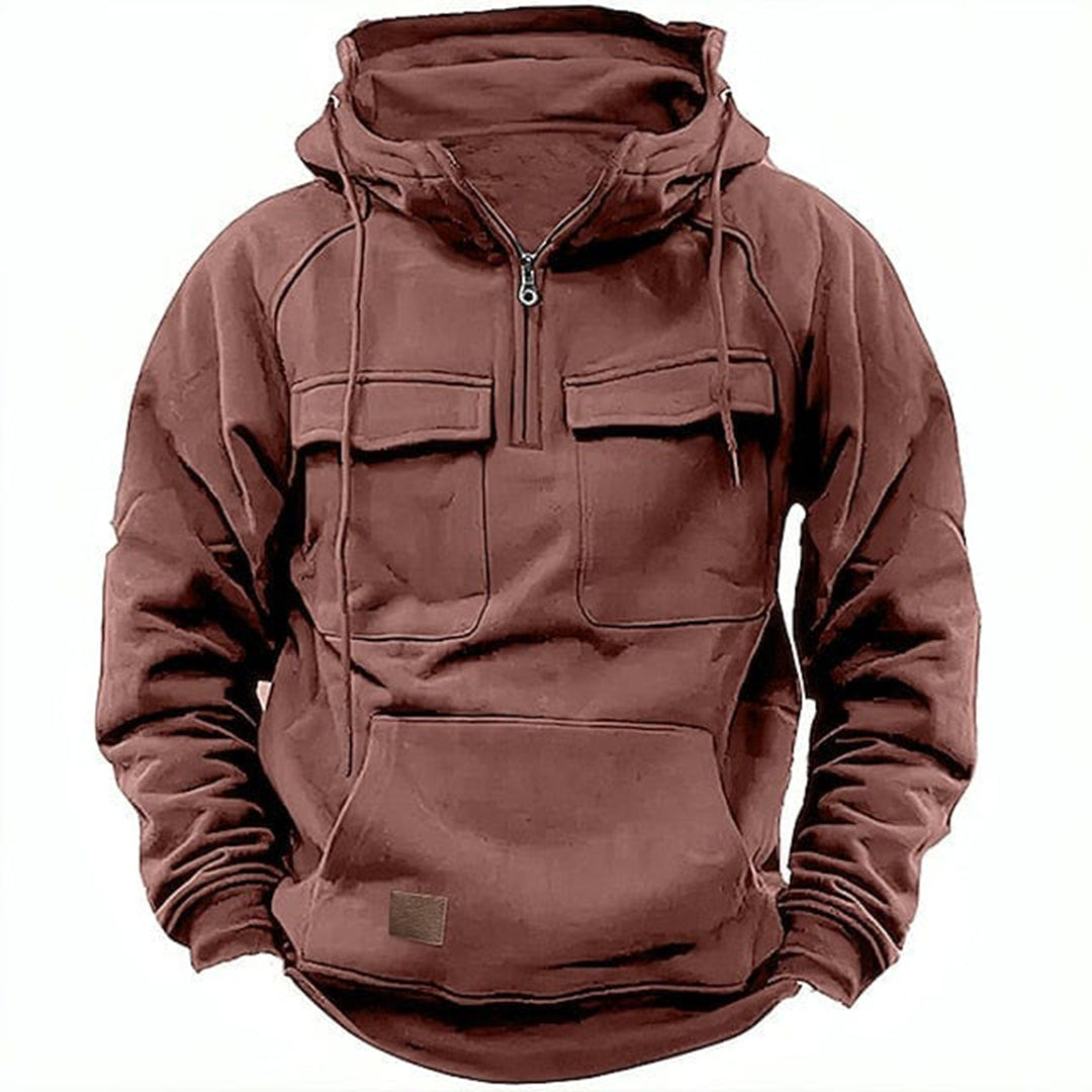 Men's gray relaxed fit half-zip hoodie with chest pockets and drawstring hood